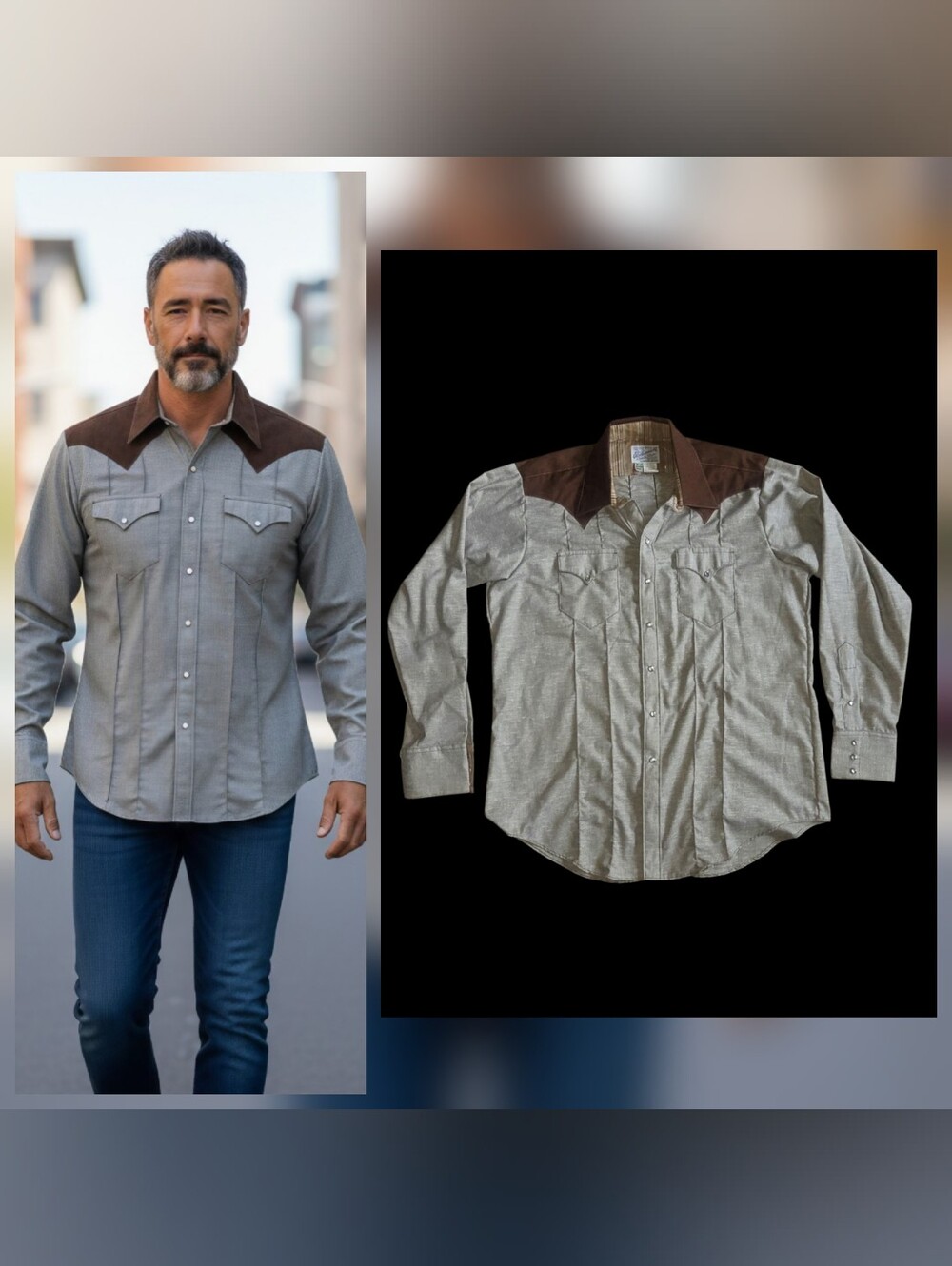 70s Rockmount Ranch Wear Western Pearl Snap Shirt USA Mens L/XL Brown Gray NWOT